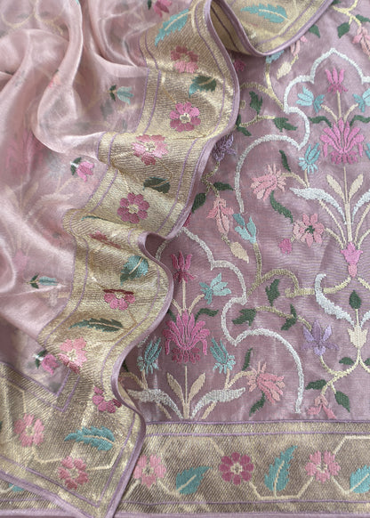 Powder Pink Handloom Tissue Silk Suit With Gold Silver Zari And Rajasthani khidki Embroidery