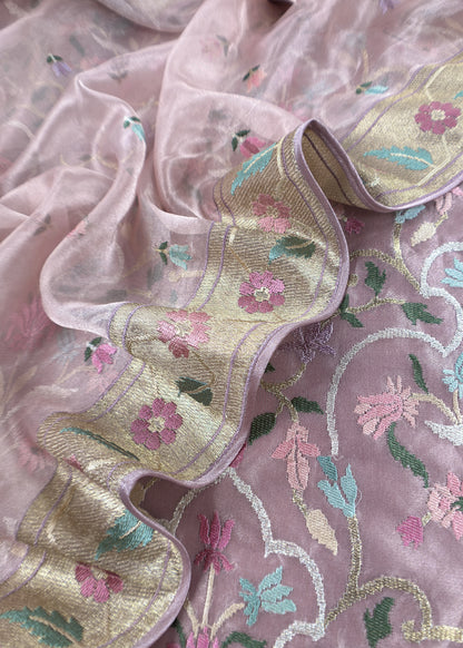 Powder Pink Handloom Tissue Silk Suit With Gold Silver Zari And Rajasthani khidki Embroidery