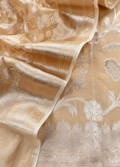 Camel Beige Banarasi Silk Suit With Floral Zari Weaving