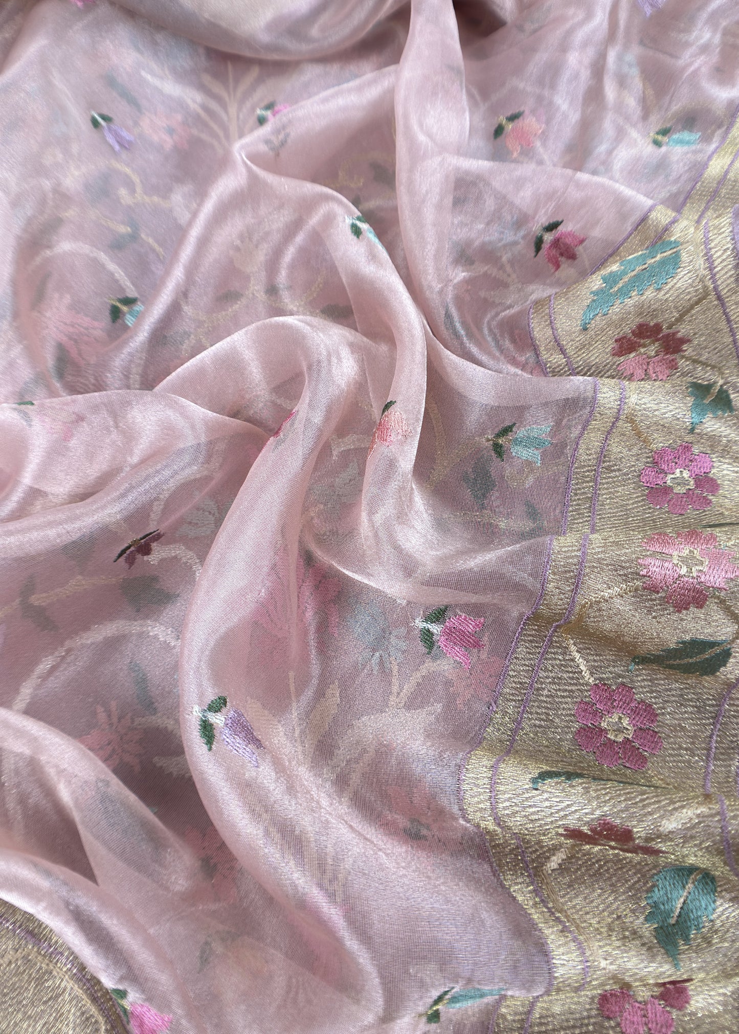 Powder Pink Handloom Tissue Silk Suit With Gold Silver Zari And  Rajasthani khidki Embroidery