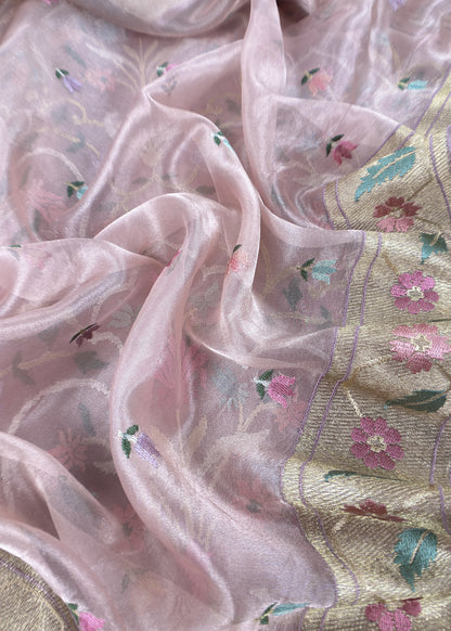 Powder Pink Handloom Tissue Silk Suit With Gold Silver Zari And Rajasthani khidki Embroidery