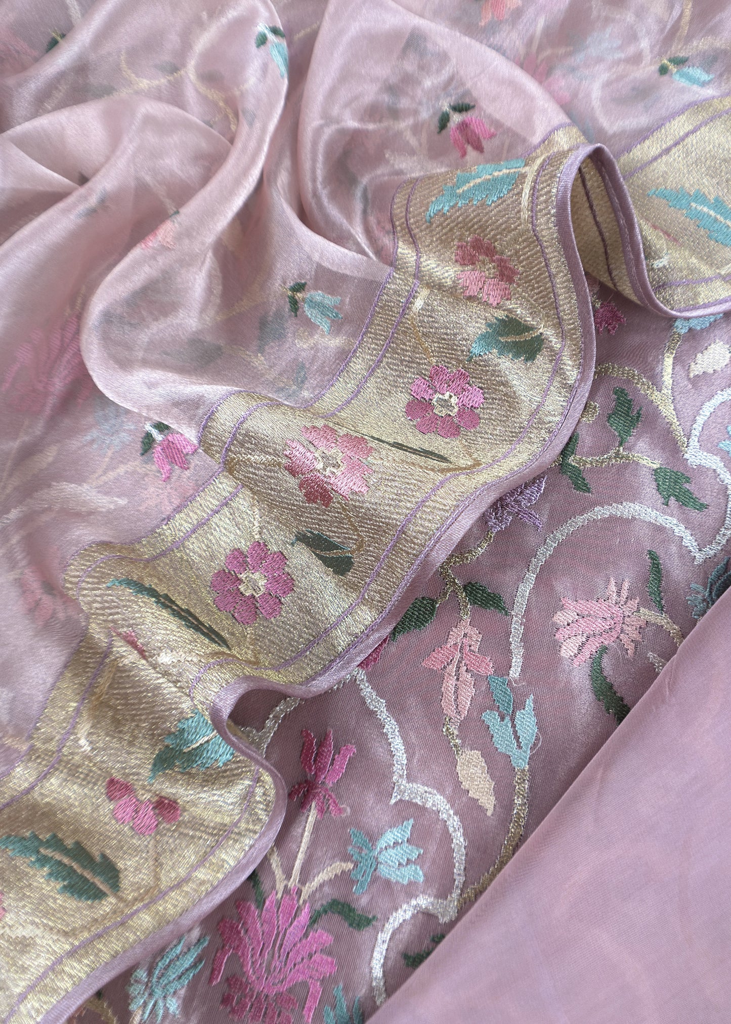 Powder Pink Handloom Tissue Silk Suit With Gold Silver Zari And  Rajasthani khidki Embroidery