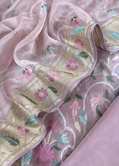 Powder Pink Handloom Tissue Silk Suit With Gold Silver Zari And Rajasthani khidki Embroidery