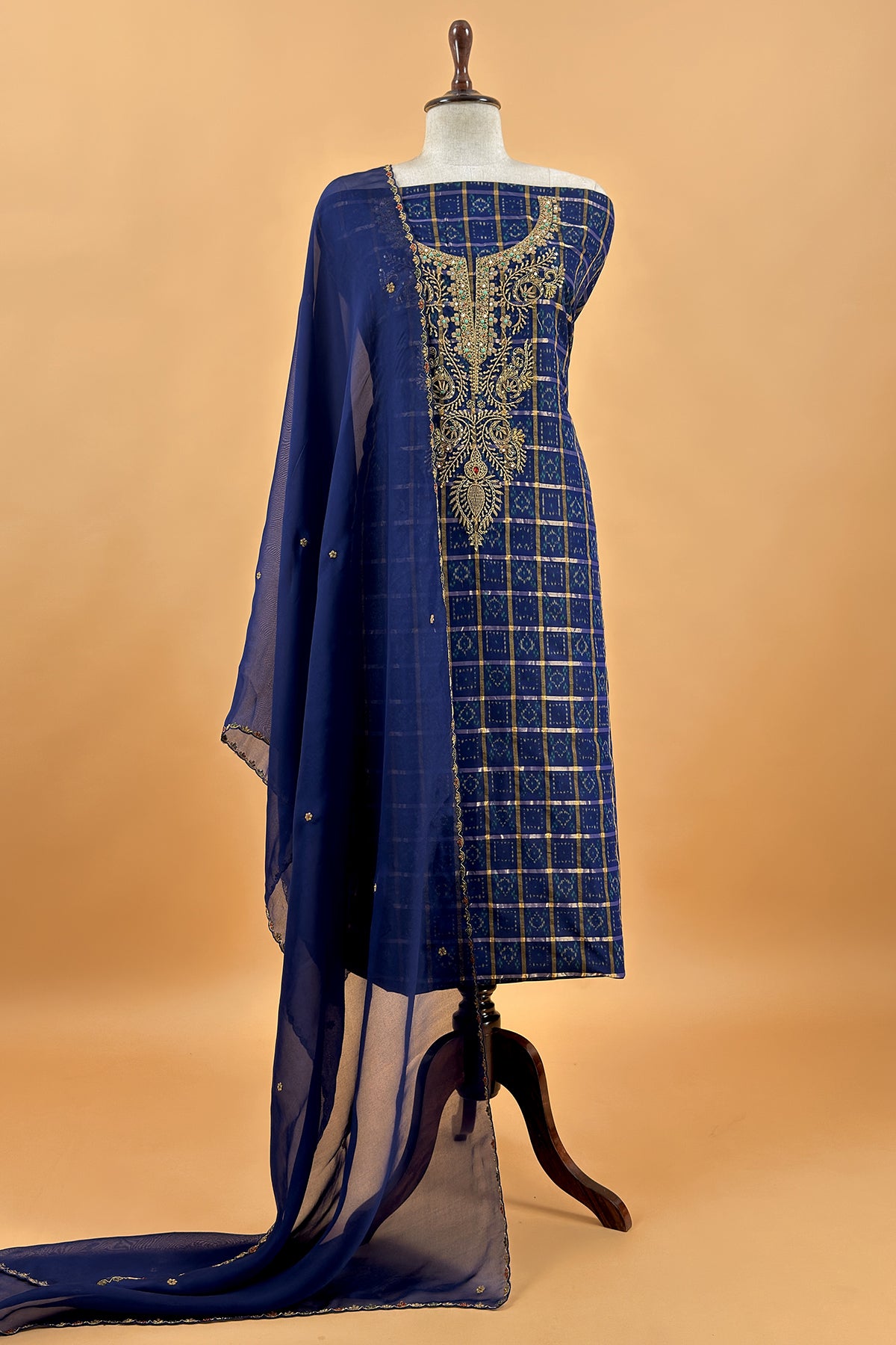 Navy Blue Pure Silk Suit With Pure Organza Dupatta