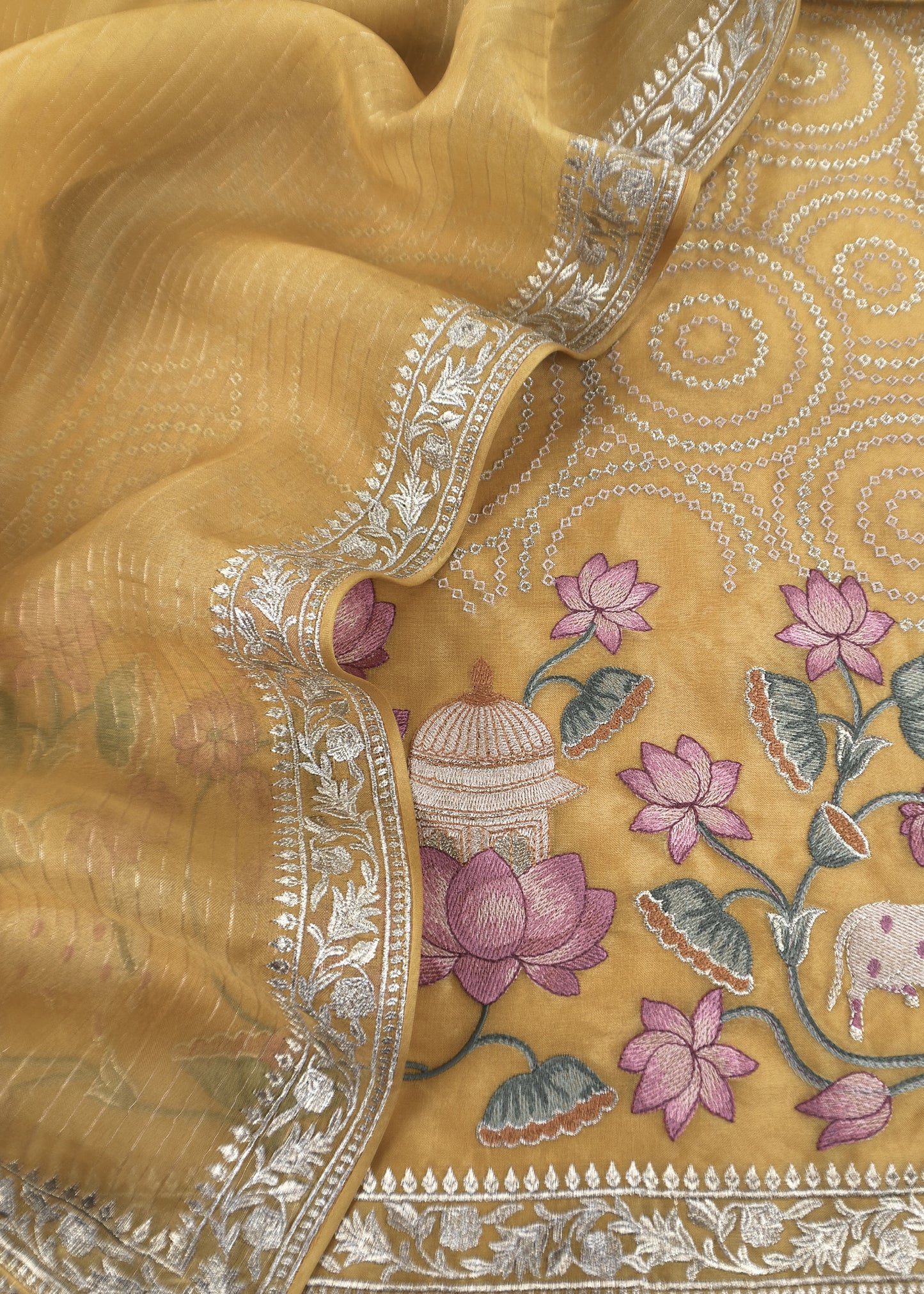 Marigold Yellow Handloom Kora Silk Suit With Gold Silver Zari And Pichwai Embroidery