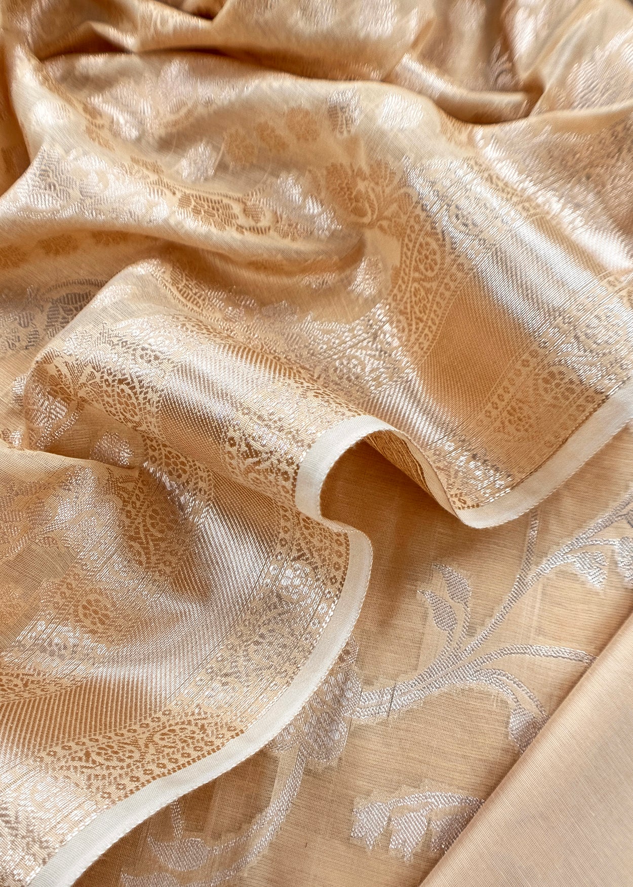 Camel Beige Banarasi Silk Suit With Floral Zari Weaving