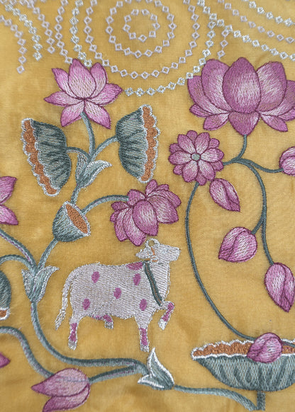 Marigold Yellow Handloom Kora Silk Suit With Gold Silver Zari And Pichwai Embroidery
