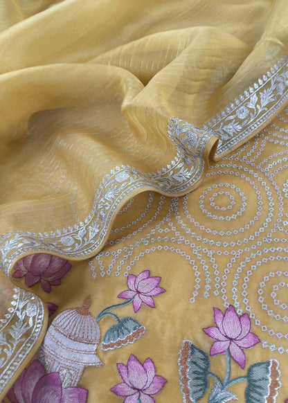 Marigold Yellow Handloom Kora Silk Suit With Gold Silver Zari And Pichwai Embroidery
