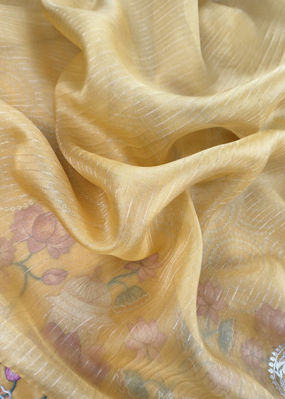 Marigold Yellow Handloom Kora Silk Suit With Gold Silver Zari And Pichwai Embroidery