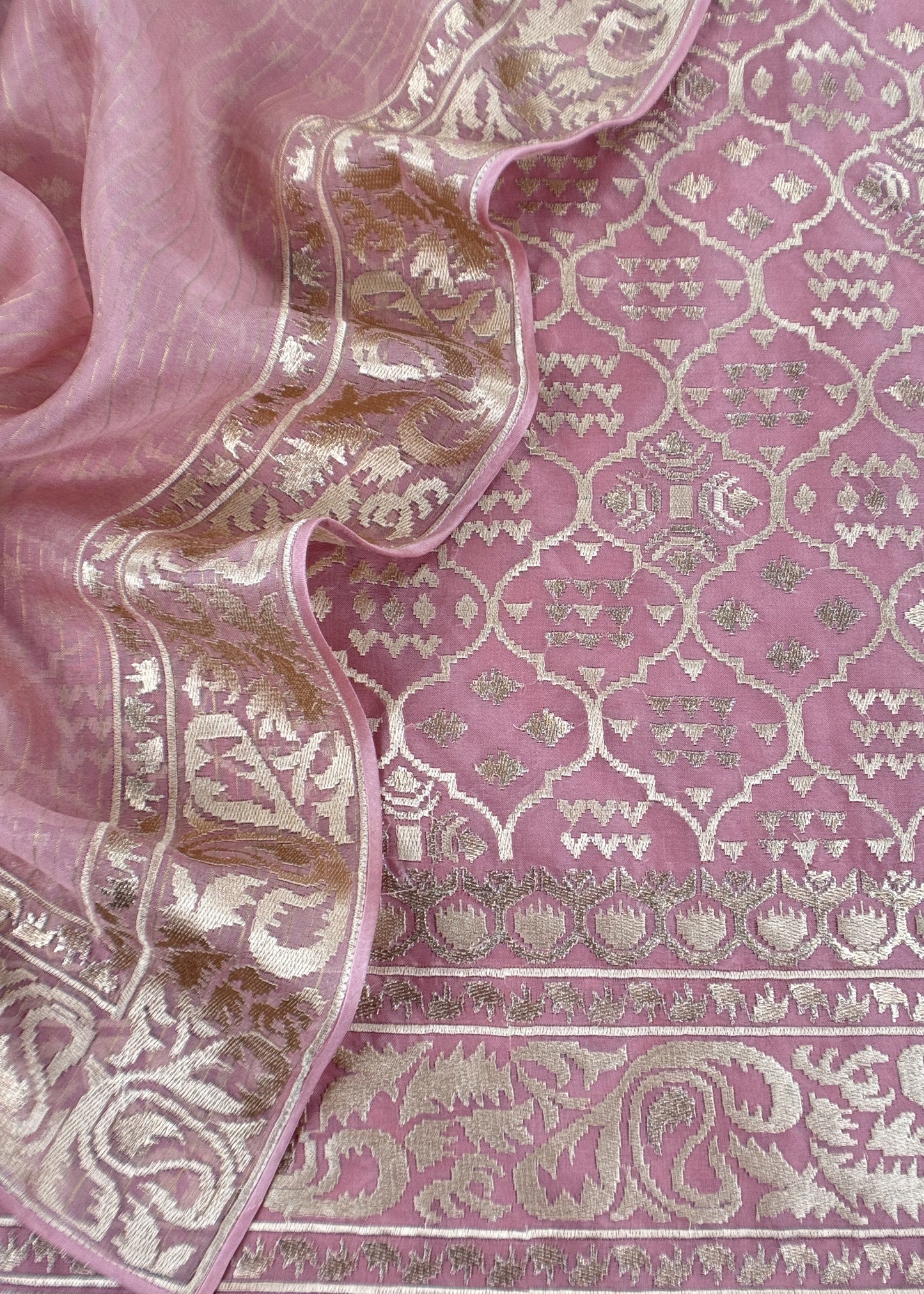 Luxe Ajanta Ellora Inspired Dusty Pink Handloom Organza Silk Suit And Panel Gold Silver Zari Dupatta