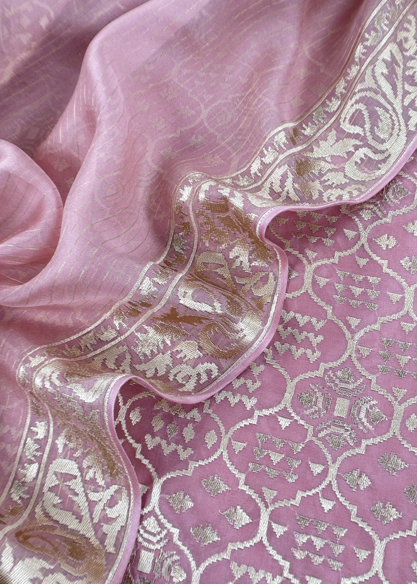 Luxe Ajanta Ellora Inspired Dusty Pink Handloom Organza Silk Suit And Panel Gold Silver Zari Dupatta