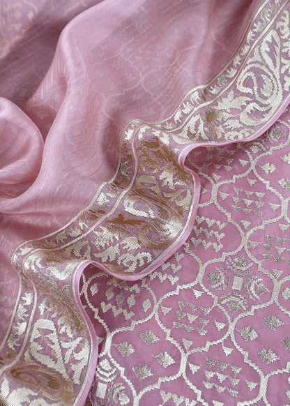 Luxe Ajanta Ellora Inspired Dusty Pink Handloom Organza Silk Suit And Panel Gold Silver Zari Dupatta
