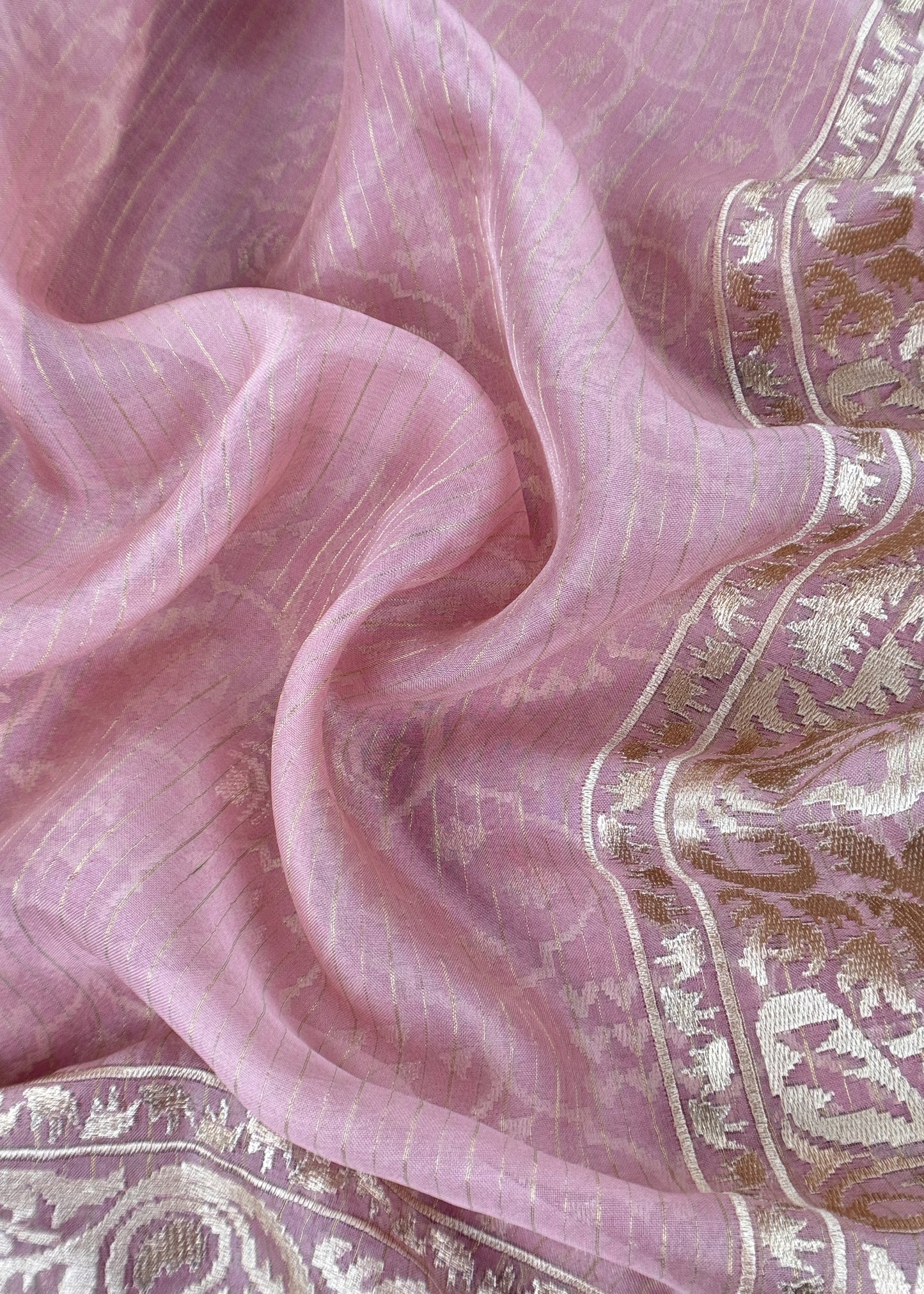 Luxe Ajanta Ellora Inspired Dusty Pink Handloom Organza Silk Suit And Panel Gold Silver Zari Dupatta