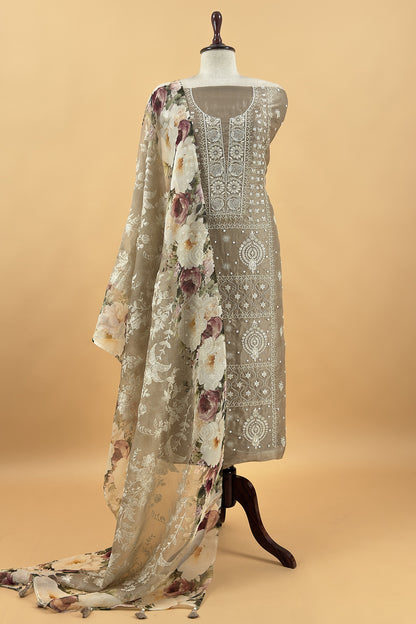 Naaz Fawn Pure Organza hand embroidered Lakhnavi kurta and Brushprint Dupatta with Resham Embroidery