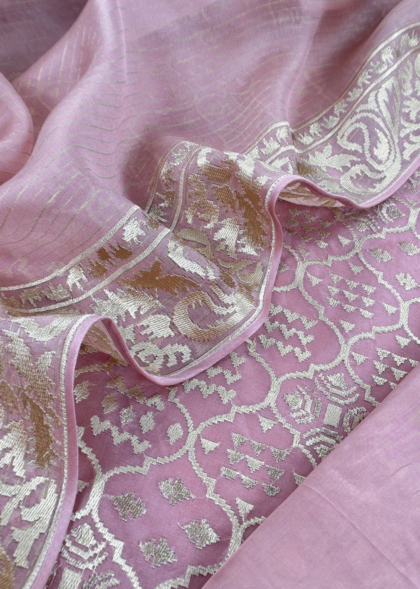 Luxe Ajanta Ellora Inspired Dusty Pink Handloom Organza Silk Suit And Panel Gold Silver Zari Dupatta
