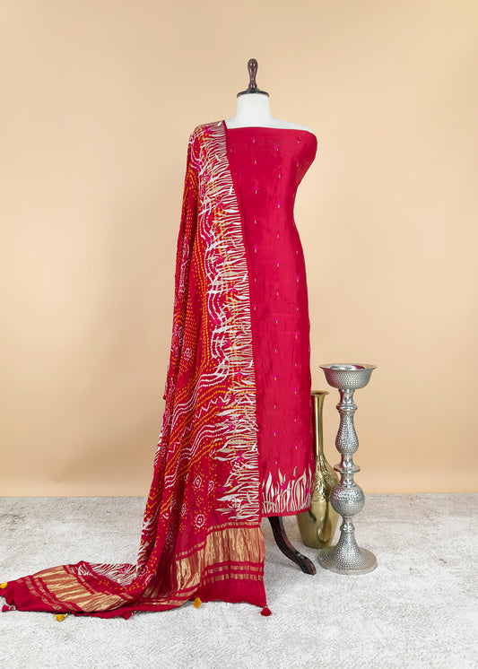 Red Pure Handloom Silk Suit With Bandhani Embroidery Dupatta
