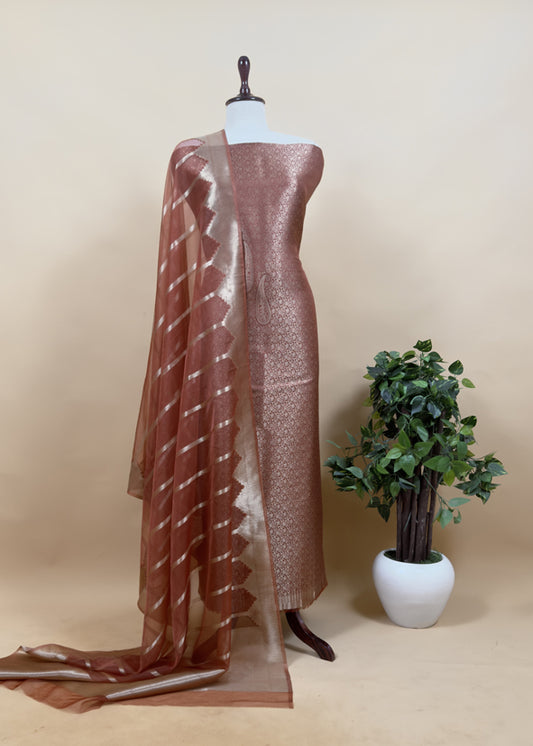 Brown Banarasi Silk Brocade Suit With Organza Dupatta