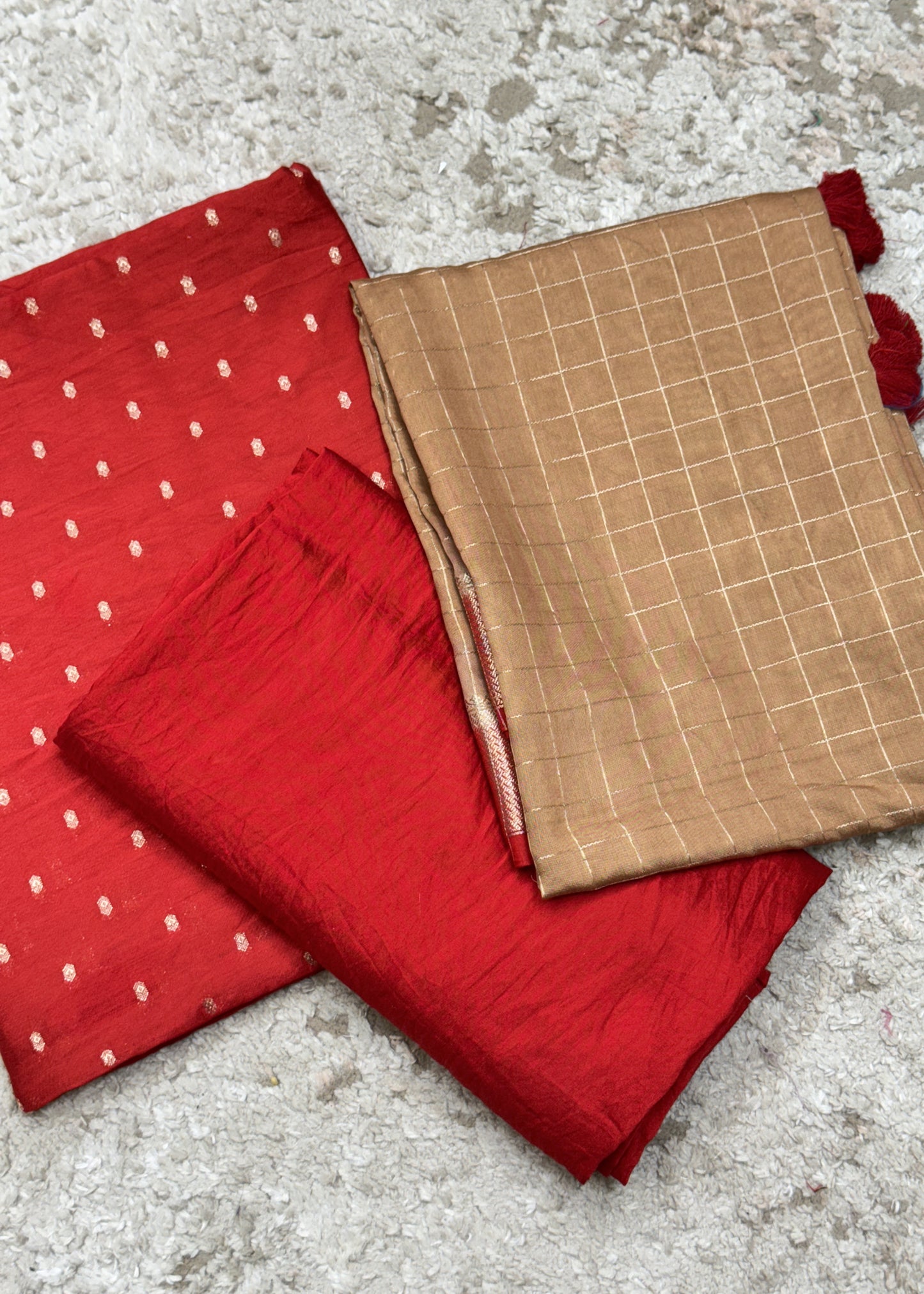 Red Banarasi Chanderi Suit With Contrast Dupatta