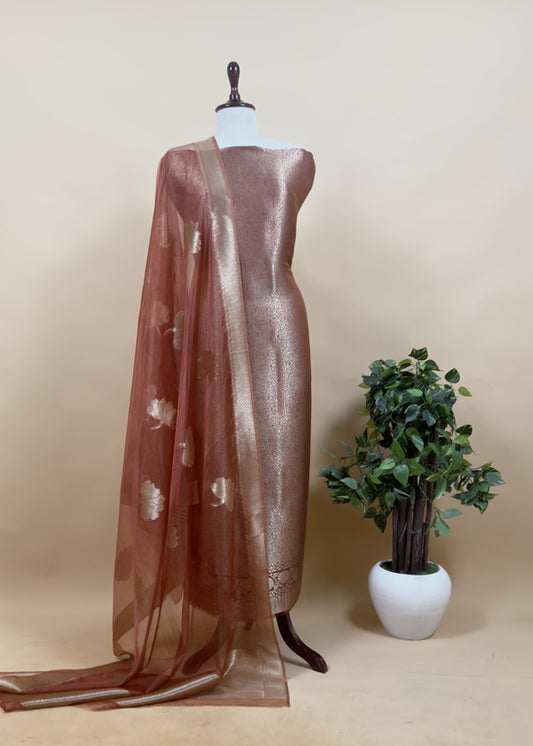 Brown Brocade Kurta With Organza Dupatta