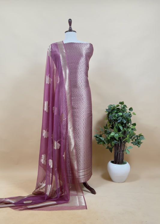 Wine Purple Banarasi Silk Brocade Suit With Organza Dupatta