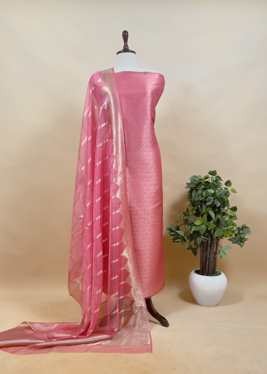 Pink Banarasi Silk Brocade Suit With Organza Dupatta