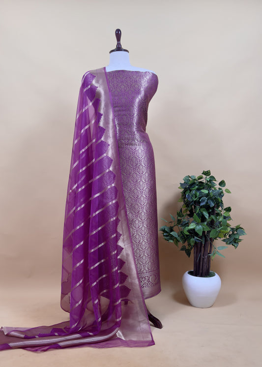 Banarasi Silk Brocade Suit With Organza Dupatta