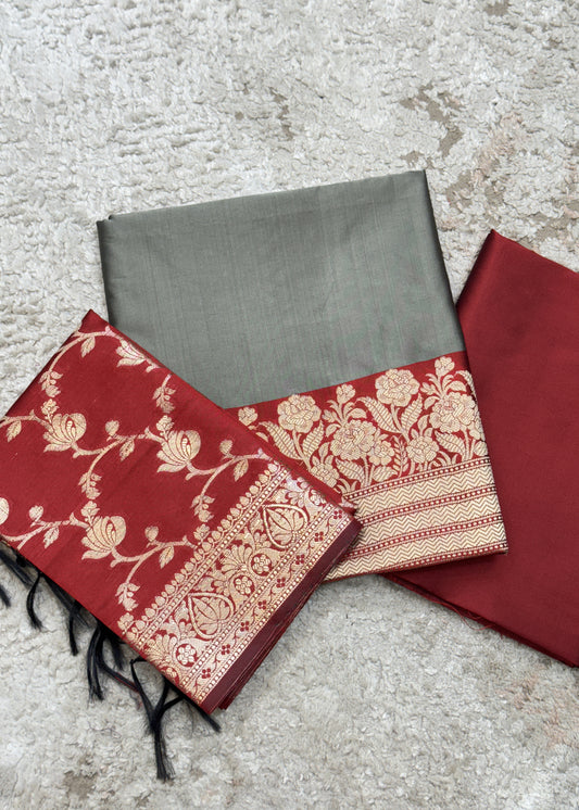 Gery And Red Banarasi Chanderi Suit With Zari Weaving Dupatta
