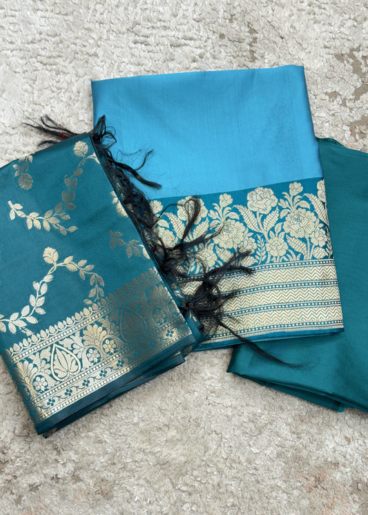 Blue Banarasi Chanderi Suit With Zari Weaving Dupatta