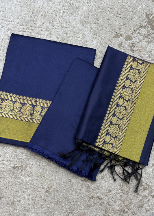 Derk Blue And Yellow Banarasi Chanderi Suit With Dupatta