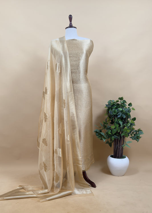Beige Brocade Kurta With Organza Dupatta