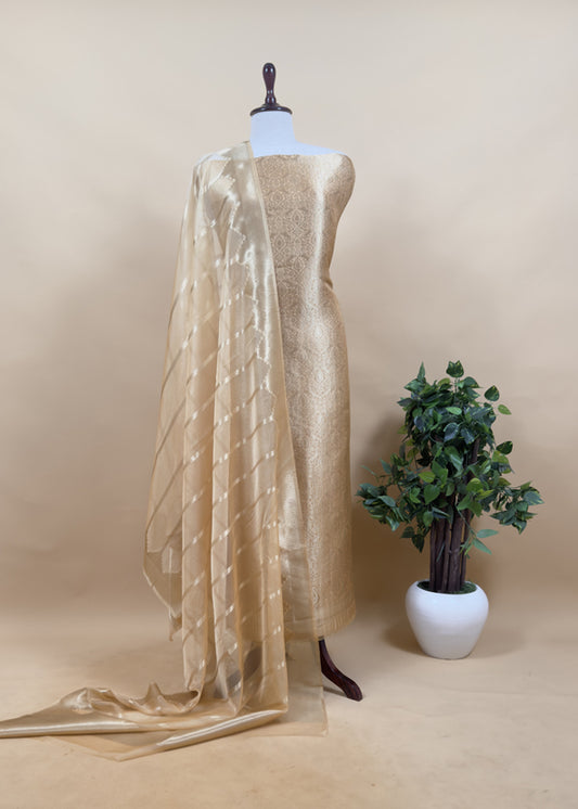 Beige Banarasi Silk Brocade Suit With Organza Dupatta