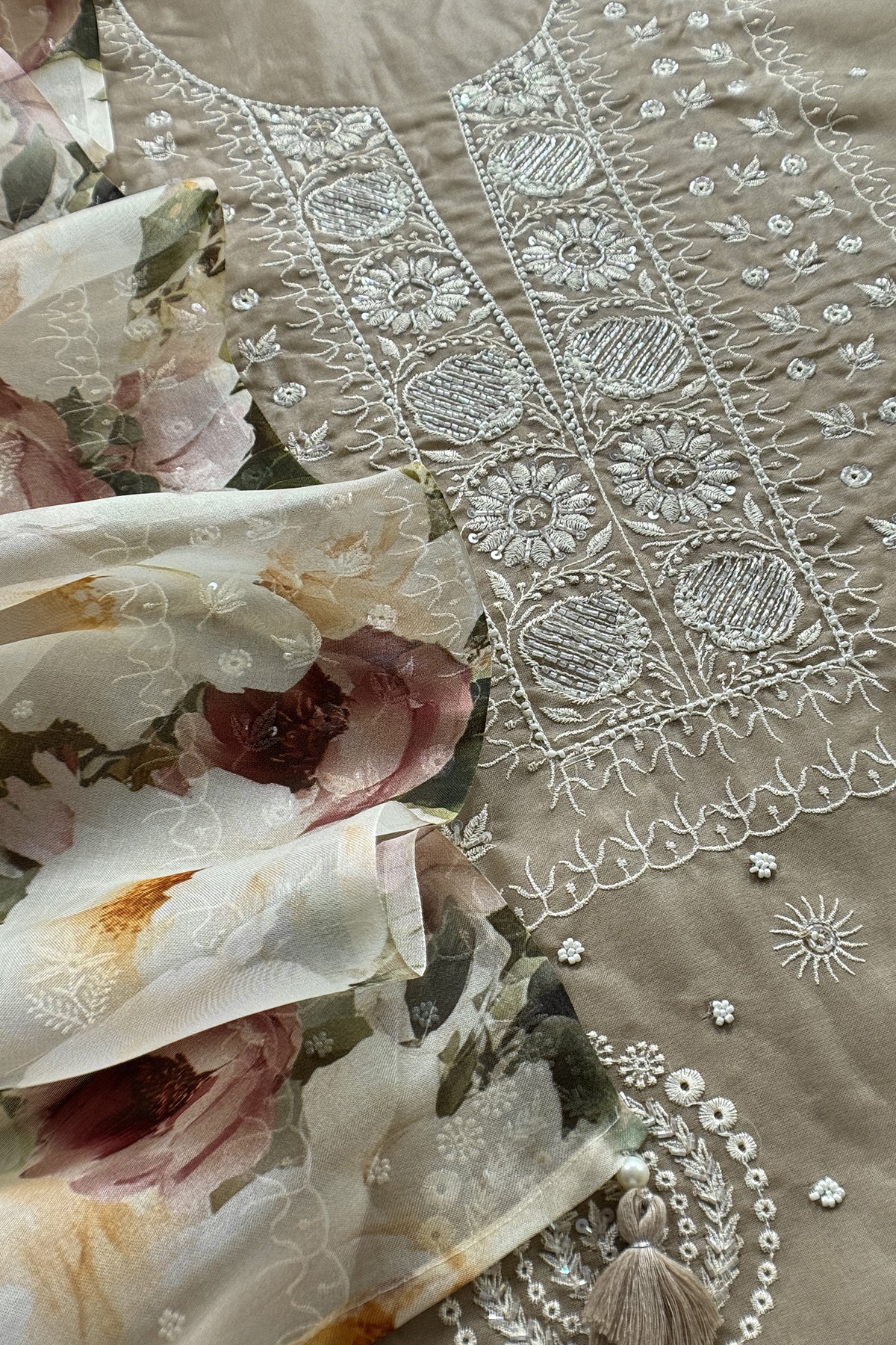 Naaz Fawn Pure Organza hand embroidered Lakhnavi kurta and Brushprint Dupatta with Resham Embroidery