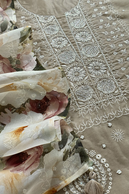 Naaz Fawn Pure Organza hand embroidered Lakhnavi kurta and Brushprint Dupatta with Resham Embroidery