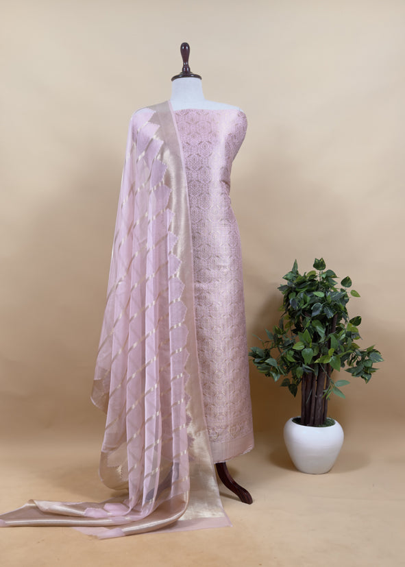 Baby Pink Banarasi Silk Brocade Suit With Organza Dupatta