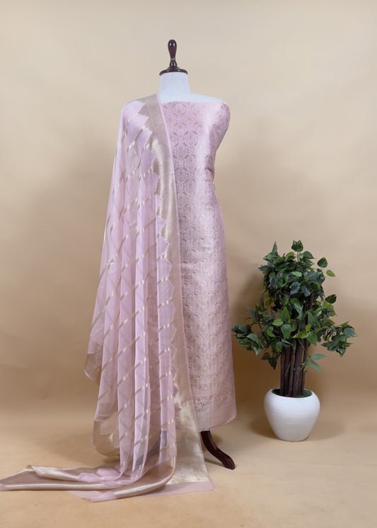 Baby Pink Banarasi Silk Brocade Suit With Organza Dupatta