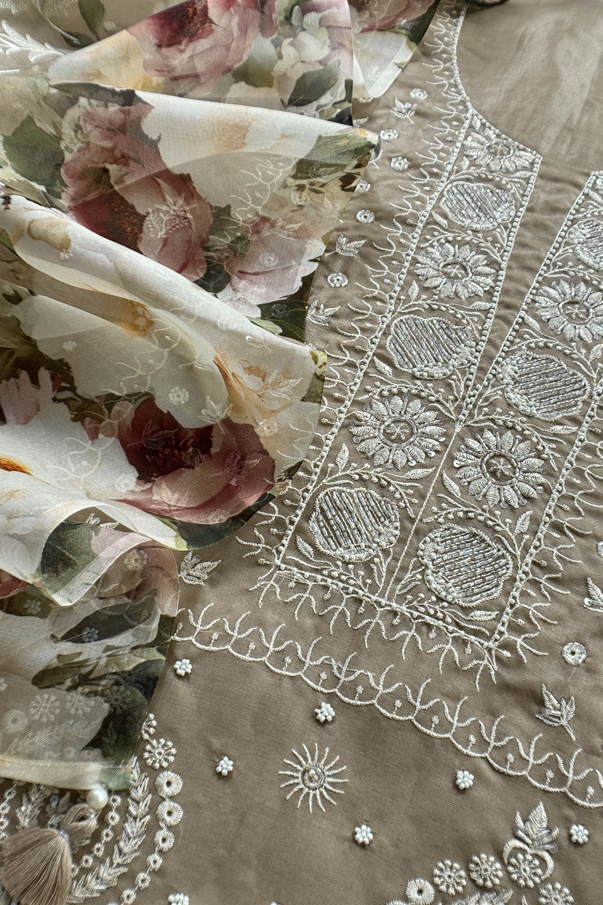Naaz Fawn Pure Organza hand embroidered Lakhnavi kurta and Brushprint Dupatta with Resham Embroidery