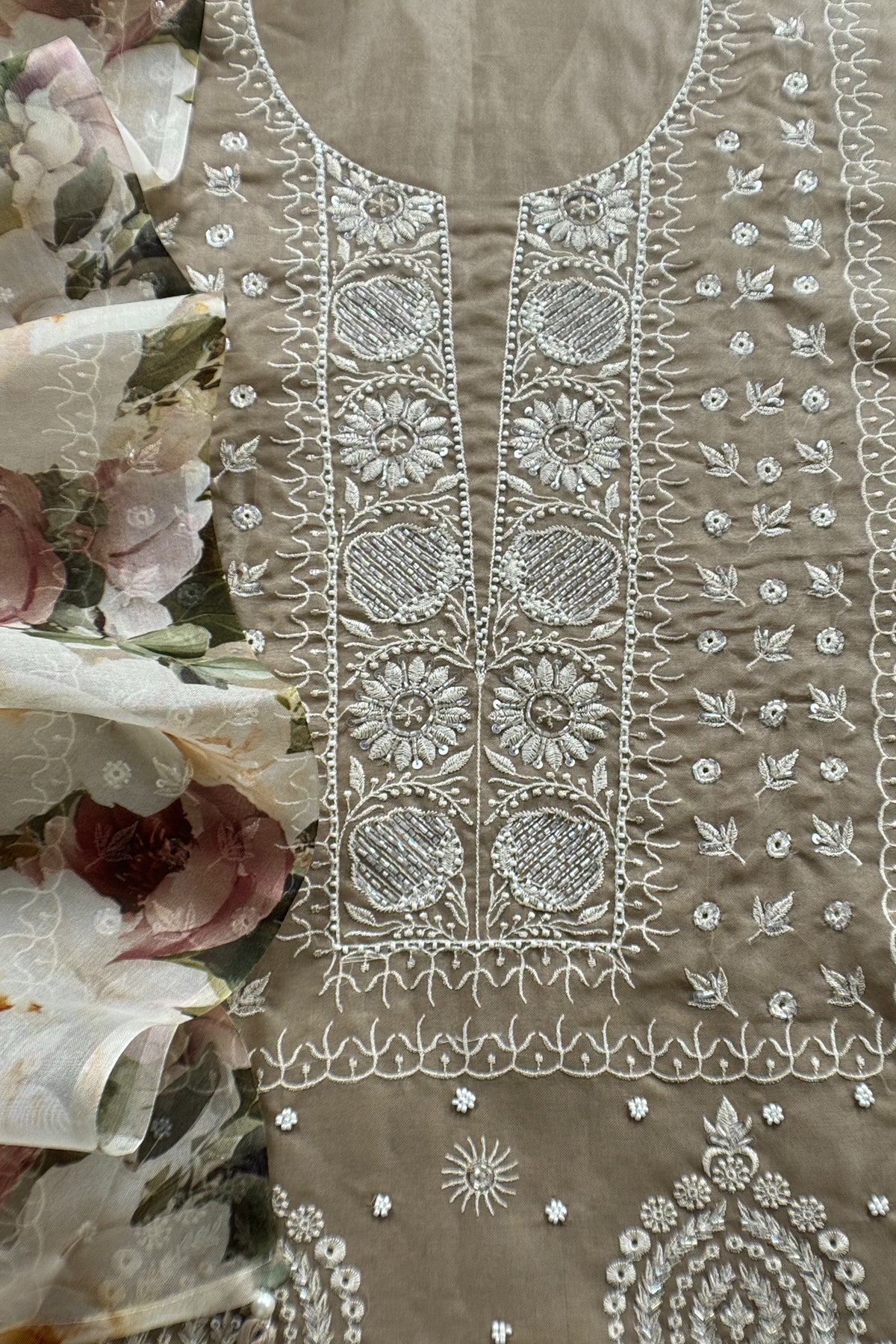 Naaz Fawn Pure Organza hand embroidered Lakhnavi kurta and Brushprint Dupatta with Resham Embroidery