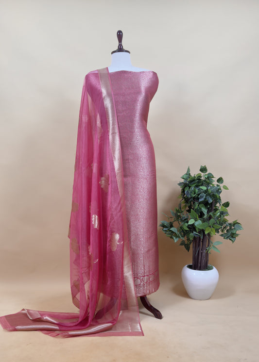 Pink Brocade Kurta With Organza Dupatta