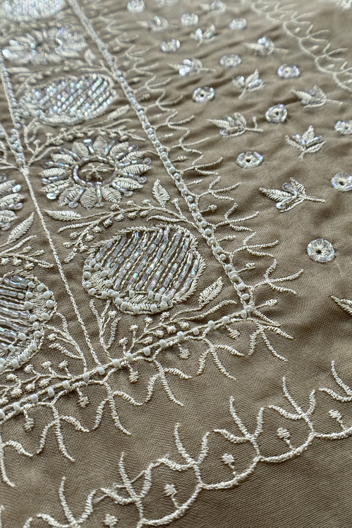 Naaz Fawn Pure Organza hand embroidered Lakhnavi kurta and Brushprint Dupatta with Resham Embroidery