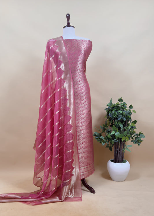 Pink Banarasi Silk Brocade Suit With Organza Dupatta