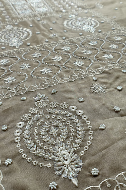 Naaz Fawn Pure Organza hand embroidered Lakhnavi kurta and Brushprint Dupatta with Resham Embroidery