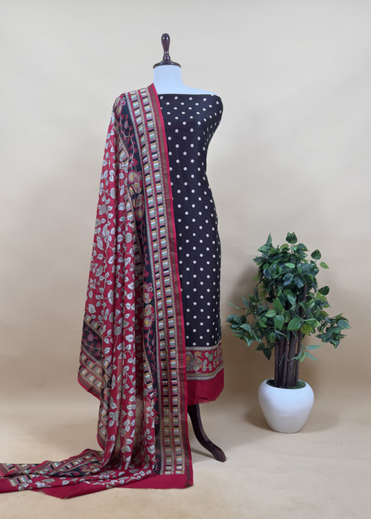 Black And Red Pure Maheshwari Silk Unstitched Suit With Madhubani Dupatta