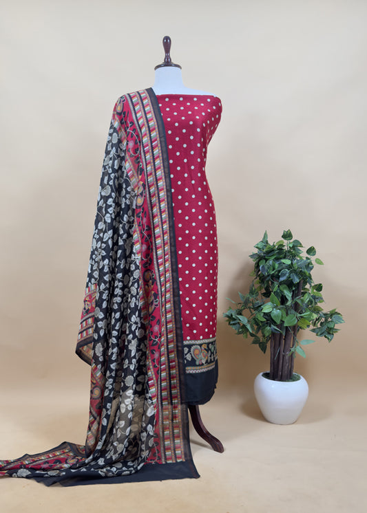 Red And Black Pure Maheshwari Silk Unstitched Suit With Madhubani Dupatta