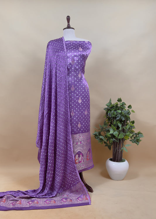 Purple Pure Gajji Silk Bandhani Suit With Gold Banarasi Weaving