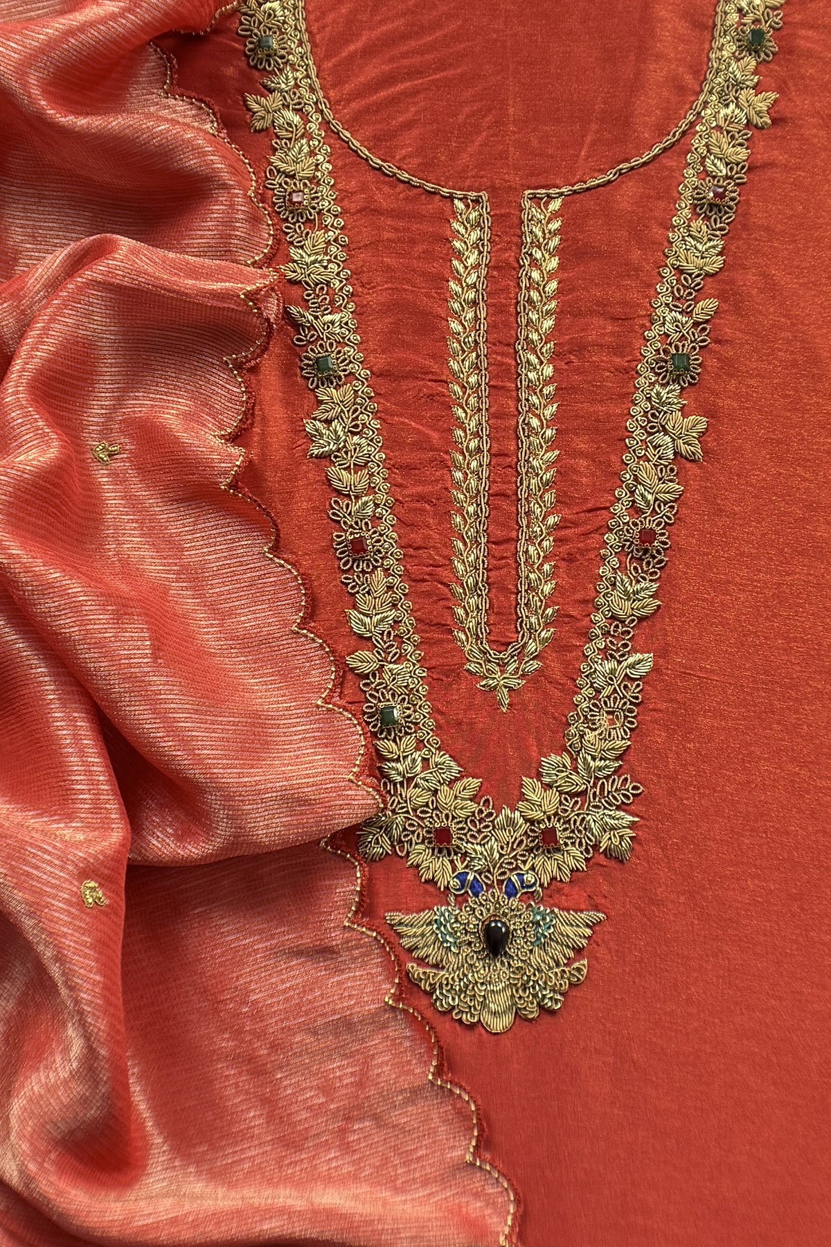 Luxury silk suit with dabka dori chidiya handwork

