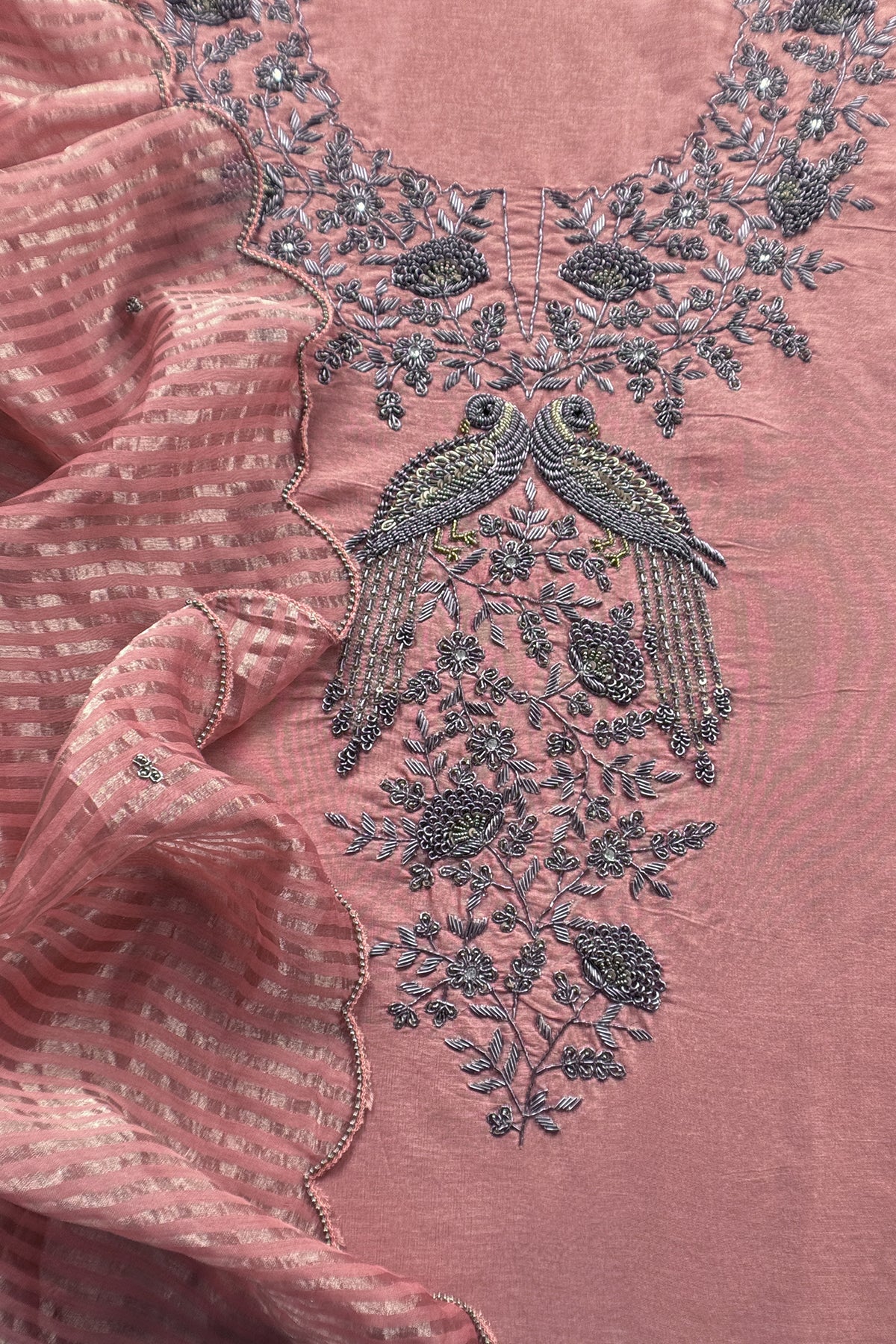 Luxury handloom tissue silk suit with zardosi dabka hand work

