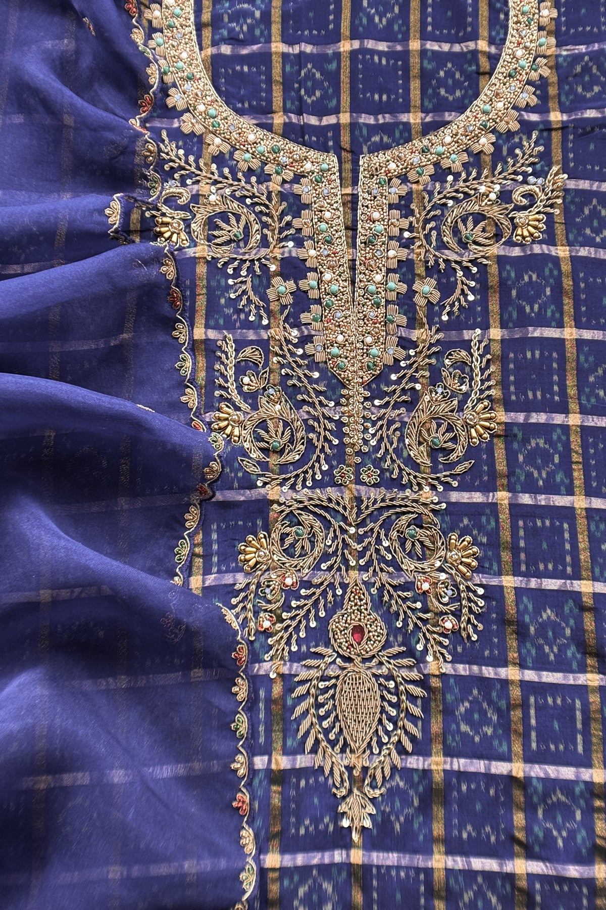 Navy Blue Pure Silk Suit With Pure Organza Dupatta