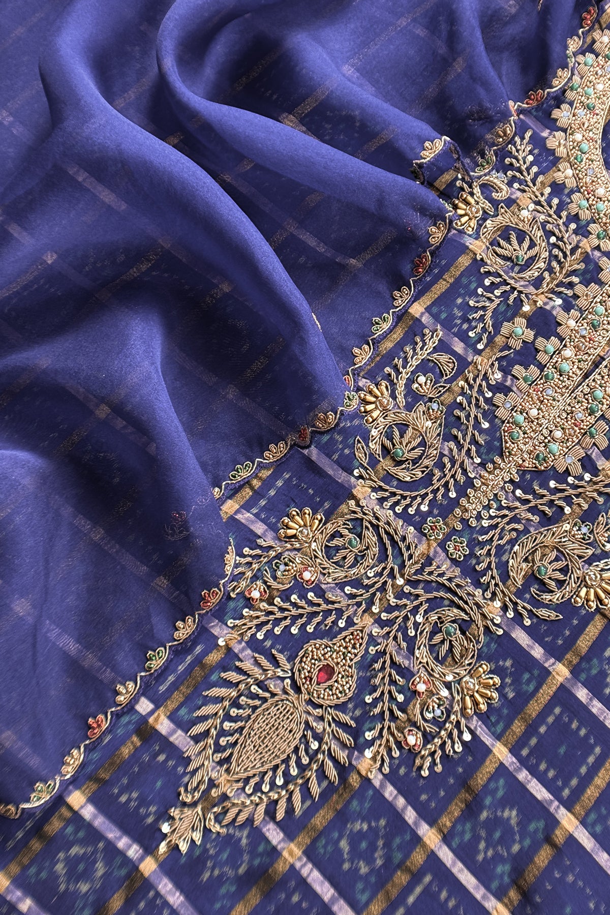 Navy Blue Pure Silk Suit With Pure Organza Dupatta