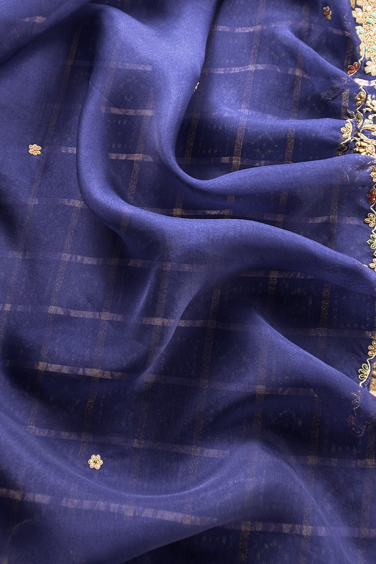 Navy Blue Pure Silk Suit With Pure Organza Dupatta