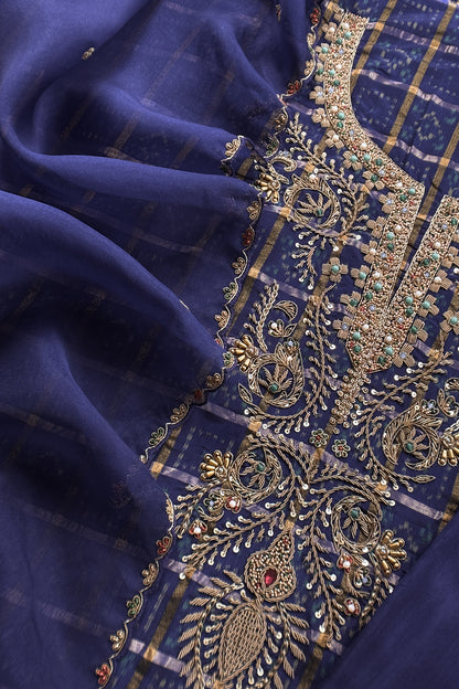 Navy Blue Pure Silk Suit With Pure Organza Dupatta